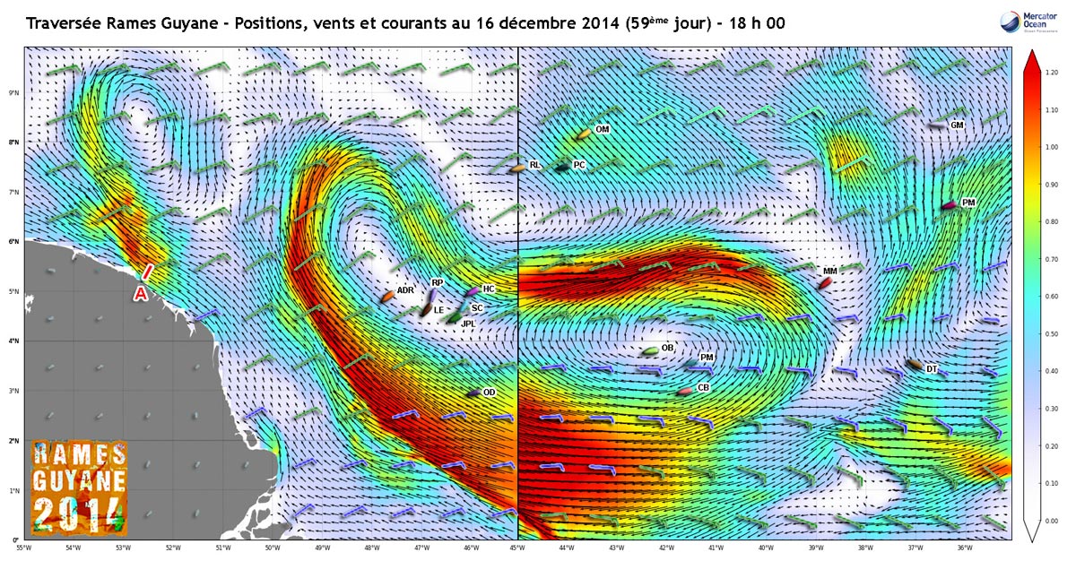 Rémy Landier (RL sur la carte) s'approche du courant sud-équatorial. Devant, ce sera à celui qui arrivera à profiter au mieux de cette veine.